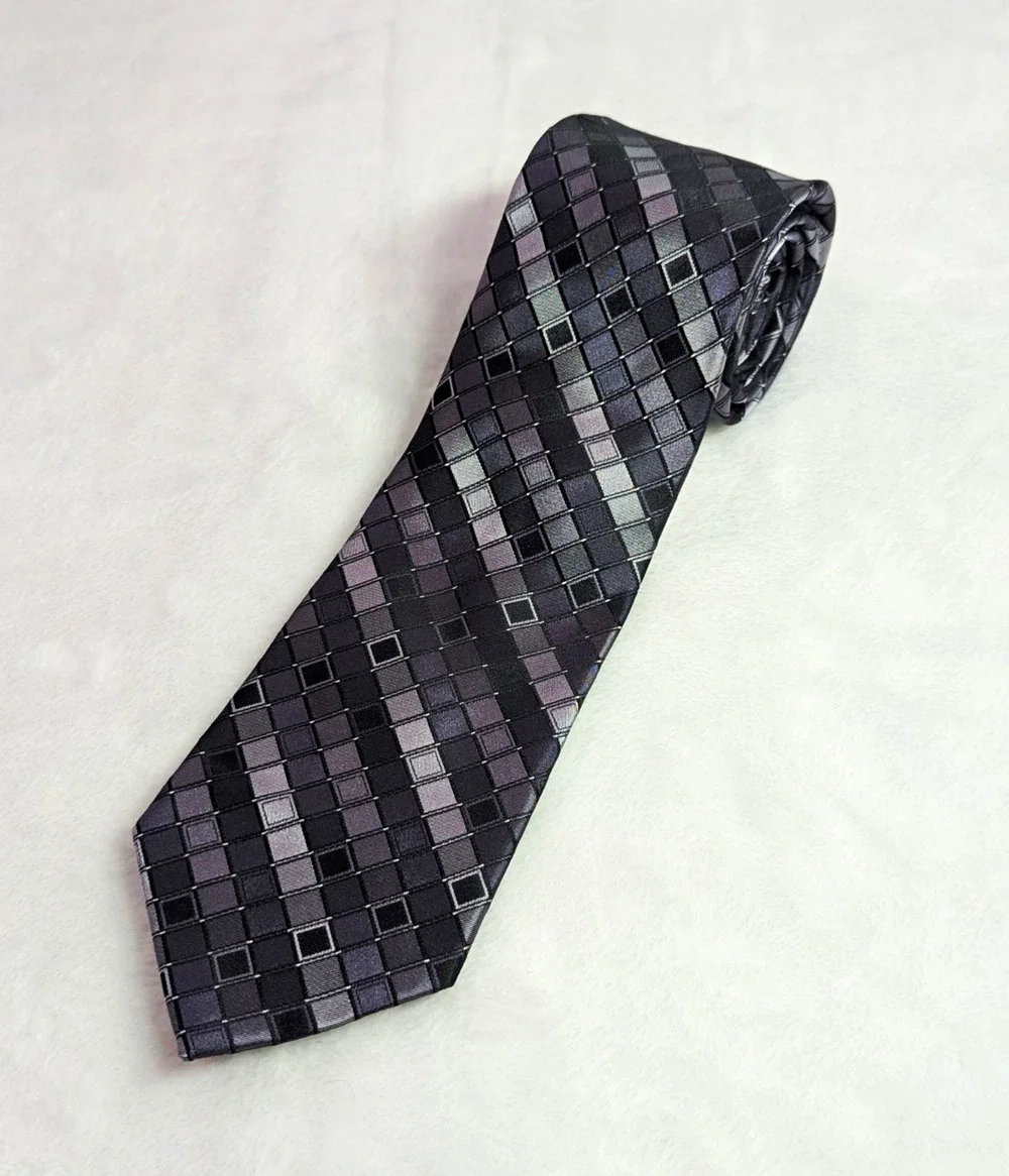 Vintage ck Calvin Klein Silk Necktie Gray Black Checkered Geometric Y2K 3.25